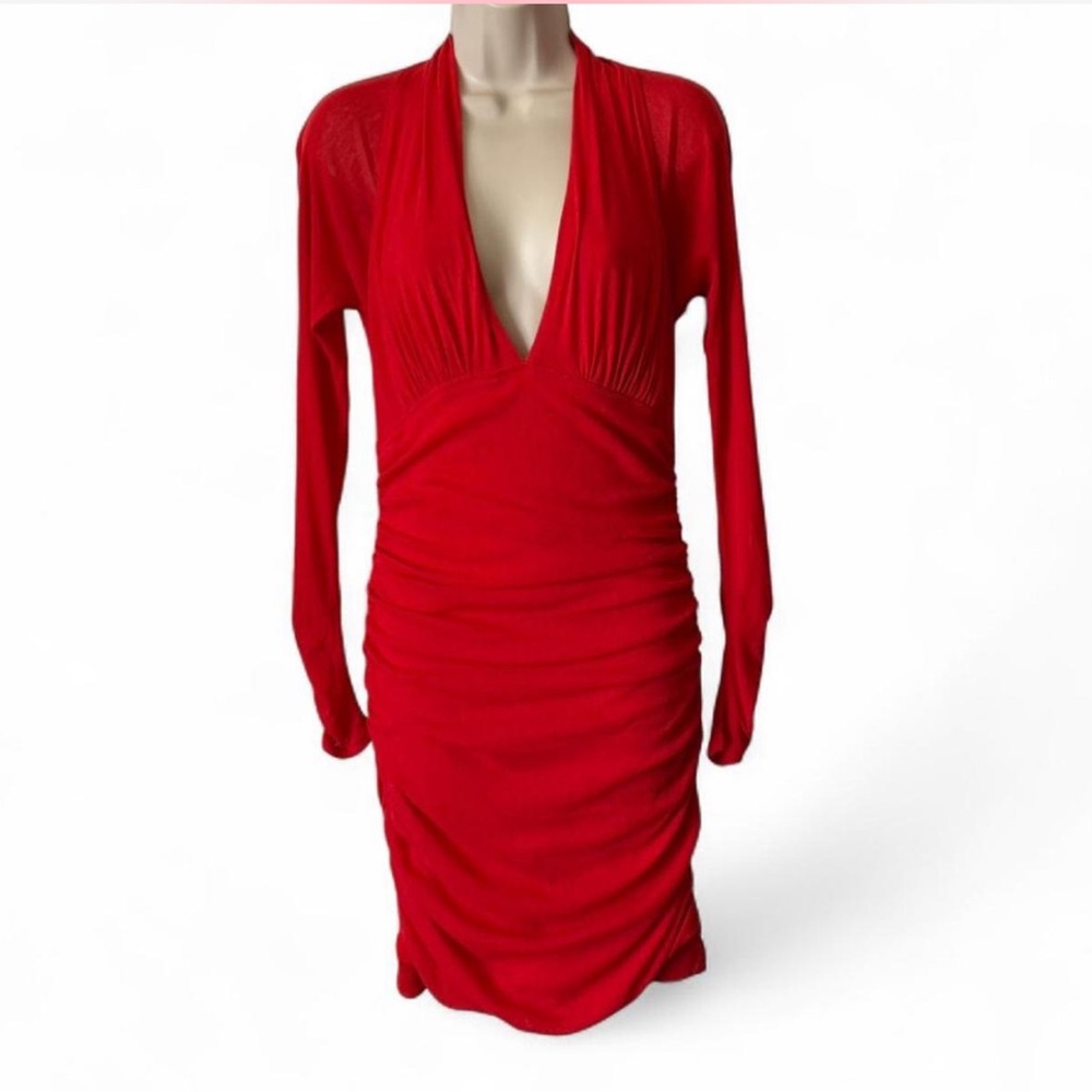 By‎ Anthropologie Red V Neck Mesh Ruched Mini Dress